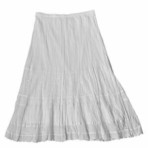 Chico's White 100% Cotton Tiered Pull On Crinkle Maxi Skirt Cottagecore Sz 2 (L)